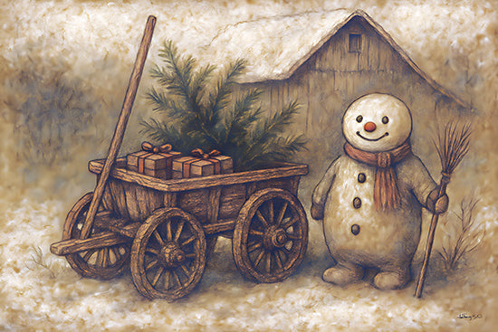 Anthony Smith ANT184 - ANT184 - Vintage Snowman - 18x12 Snowman with broom, wagon with gifts and pine tree, snowy barn, festive scene, rustic holiday from Penny Lane