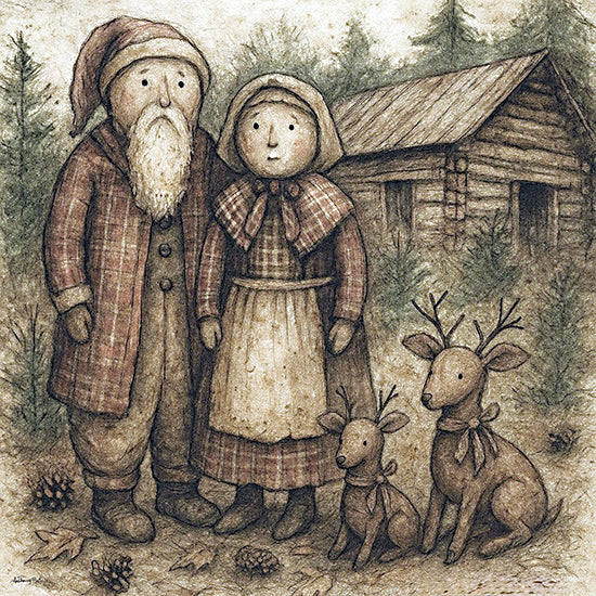 Anthony Smith ANT185 - ANT185 - Waiting for Snow - 12x12 Santa and Mrs Claus, reindeer, rustic cabin, pine forest, plaid clothing, snowy ground from Penny Lane