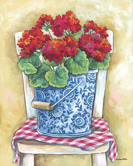 Diane Kater ART1361 - ART1361 - Pail of Geraniums - 12x16 vibrant flowers, red geraniums, blue patterned bucket, country chic, rustic floral painting, artistic home decor, vintage-inspired artwork, farmhouse botanical, gingham fabric, decorative still life from Penny Lane