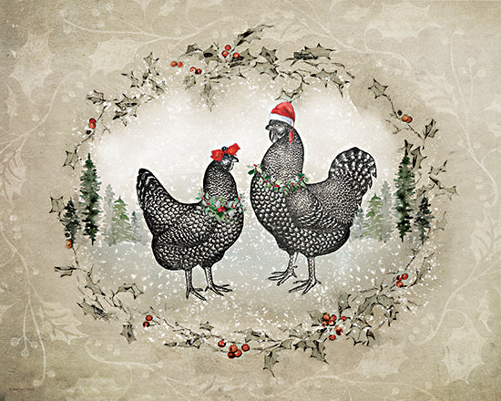 Bluebird Barn BLUE580 - BLUE580 - Christmas Chickens - 16x12 Chickens, Christmas hats, red bows, holly wreath, winter background, snowy forest, festive, holiday decor, vintage illustration, pine trees from Penny Lane