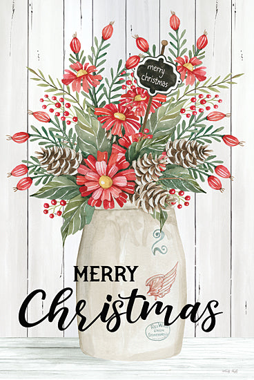 Cindy Jacobs CIN3448 - CIN3448 - Merry Christmas Crock - 12x18 Christmas bouquet, pinecones, red berries, red flowers, mason jar, holiday sign, rustic wood background, festive greenery, merry Christmas sign, farmhouse holiday from Penny Lane
