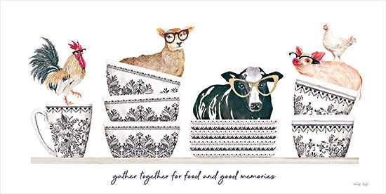 Cindy Jacobs CIN3957 - CIN3957 - Gather Together  - 18x9 Farm animals, stacked bowls, rooster, cow, pig, lamb, chicken, farmhouse kitchen, humorous animal art, patterned dishes from Penny Lane