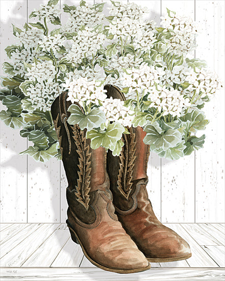 Cindy Jacobs CIN4230 - CIN4230 - Cowgirl Cool - 12x16 cowboy boots, western decor, rustic floral arrangement, white flowers, farmhouse style, country charm, vintage boots from Penny Lane