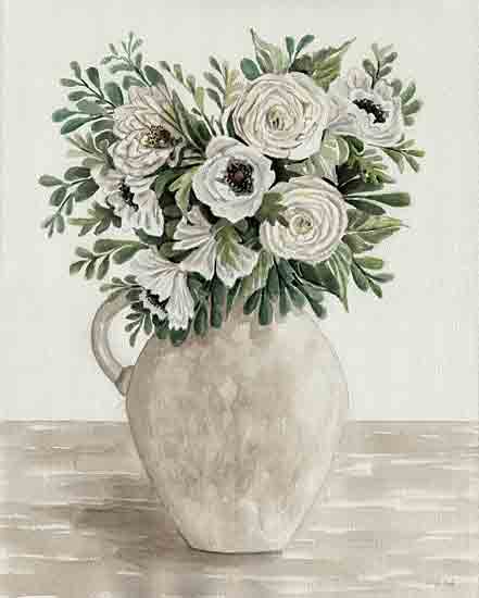 Cindy Jacobs CIN4248 - CIN4248 - Poppies and Roses - 12x16 white ranunculus, anemone flowers, bouquet in jug, watercolor floral, elegant painting, neutral palette, botanical illustration from Penny Lane