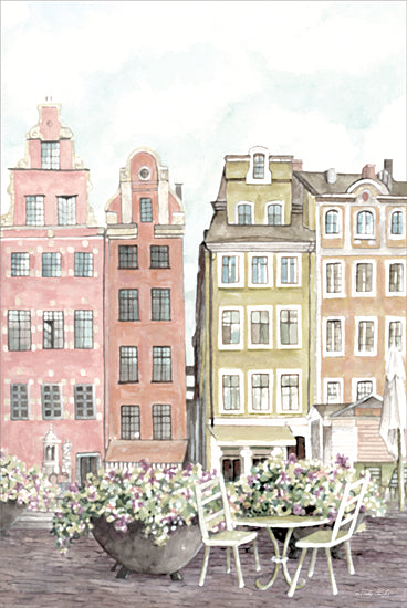Cindy Jacobs CIN4381 - CIN4381 - European Enchantment - 12x18  colorful townhouses, European street, café table, flower planters, pink and green buildings, charming town, outdoor dining, watercolor from Penny Lane
