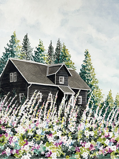 Cindy Jacobs CIN4390 - CIN4390 - Hidden Cottage - 12x16 black house, forest background, flowering garden, tall trees, sky with clouds, lavender and white flowers, summer scene, watercolor from Penny Lane