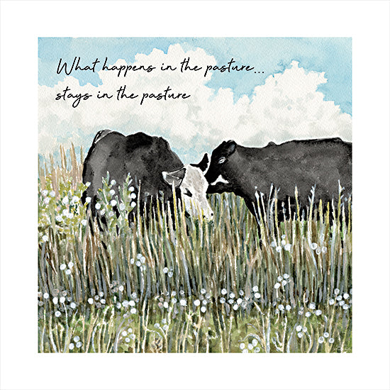 Cindy Jacobs CIN4412 - CIN4412 - What Happens in the Pasture… - 12x12 pasture cows, humorous quote, black and white cattle, green field, wildflowers, whimsical text, watercolor from Penny Lane