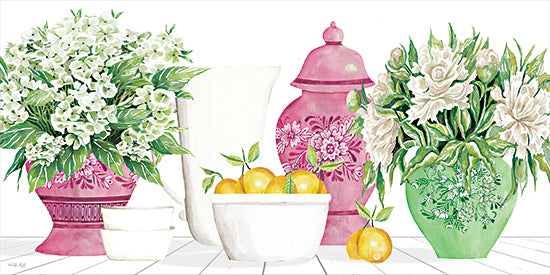 Cindy Jacobs CIN4424 - CIN4424 - Porcelain Perfection - 18x9 floral arrangement, lemons, pink and green vases, white pitcher, still life, decorative pottery, white hydrangeas, white roses, ceramic decor, kitchen style, farmhouse style from Penny Lane