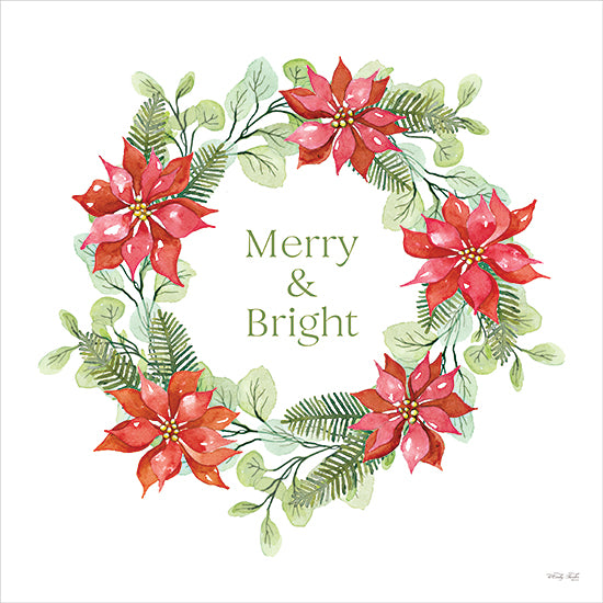 Cindy Jacobs CIN4435 - CIN4435 - Merry & Bright Poinsettia Wreath - 12x12 Christmas wreath, red poinsettias, holiday floral, merry and bright quote, winter decor, evergreen leaves, festive design from Penny Lane
