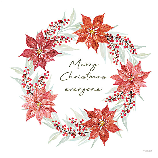 Cindy Jacobs CIN4437 - CIN4437 - Merry Christmas Everyone Poinsettia Wreath - 12x12 christmas poinsettia wreath, holiday message, red berries, festive florals, seasonal greenery, watercolor wreath, merry christmas art from Penny Lane