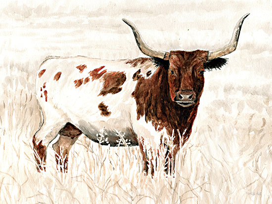 Cindy Jacobs CIN4494 - CIN4494 - Longhorn and Proud - 16x12 longhorn, Texas longhorn, watercolor cow, western cattle, rustic animal art, horns, field background, prairie, rural scene, hand-painted from Penny Lane
