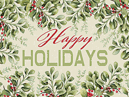 Cindy Jacobs CIN4538 - CIN4538 - Happy Holidays - 16x12 holiday greeting card, festive foliage, mistletoe, red berries, watercolor, green leaves, snowflakes, typography art, traditional seasonal design from Penny Lane