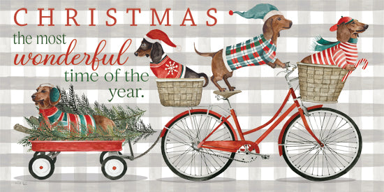 Cindy Jacobs CIN4545 - CIN4545 - Christmas the Most Wonderful Time of the Year - 18x9 Christmas dachshunds, red bicycle with wagon, dogs in sweaters, pine tree haul, snowy Christmas art, plaid decor, humorous festive scene, typography overlay from Penny Lane