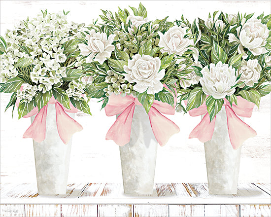 Cindy Jacobs CIN4592 - CIN4592 - Bow-Tied Blooms in Pink - 16x12 white flowers, pink bow, floral bouquets, rustic vases, green leaves, farmhouse decor, spring blossoms, wood tabletop, garden inspired, watercolor art from Penny Lane