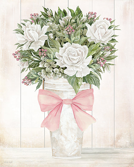 Cindy Jacobs CIN4593 - CIN4593 - Pretty in Pink - 12x16 white roses, purple berries, single bouquet, pink ribbon bow, rustic vase, wooden wall, floral arrangement, soft pastel colors, garden style art from Penny Lane