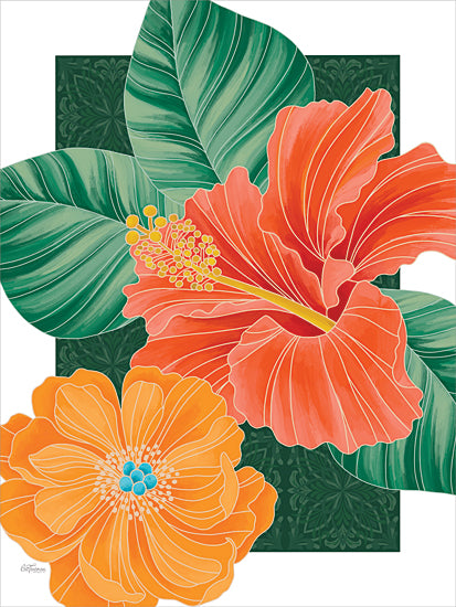 Cat Thurman Designs CTD358 - CTD358 - Echoes of Orange - 12x16 hibiscus flower, tropical bloom, orange flower, green leaves, bold floral, colorful nature, vibrant artwork, tropical plant life from Penny Lane