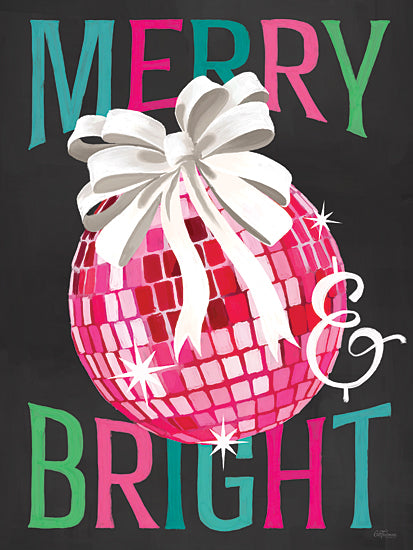 Cat Thurman Designs CTD388 - CTD388 - Merry & Bright Disco Ball - 12x16 Christmas ornament, pink disco ball, white ribbon, retro holiday design, typography, cheerful message, merry and bright from Penny Lane