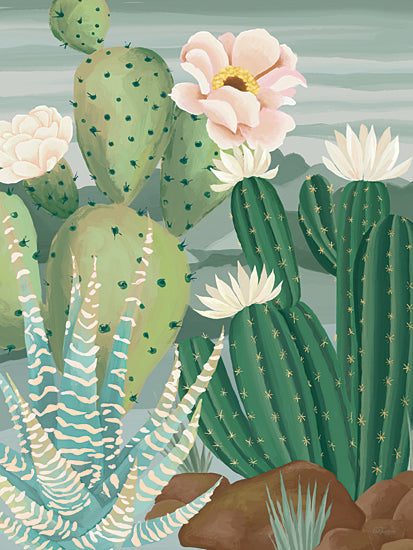 Cat Thurman Designs CTD413 - CTD413 - Green and Bloom - 12x16 desert plants, cactus garden, flowering cacti, southwest style, green spiky succulents, pink blossoms, arid landscape from Penny Lane