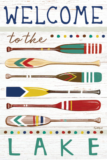 Elizabeth Tyndall ET430 - ET430 - Welcome to the Lake - 12x18 welcome sign, lake decor, paddles, rustic, wood background, water activities, vacation, nature retreat, colorful oars from Penny Lane