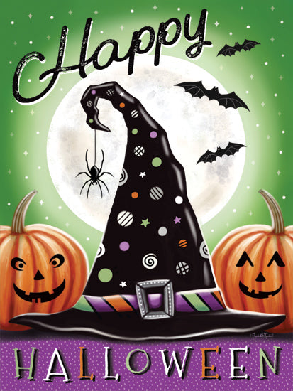 Elizabeth Tyndall ET447 - ET447 - Magical Halloween Witch Hat I - 12x16 Halloween, witch hat, pumpkins, spider, bats, full moon, spooky, festive, green background, magic, October 31st from Penny Lane