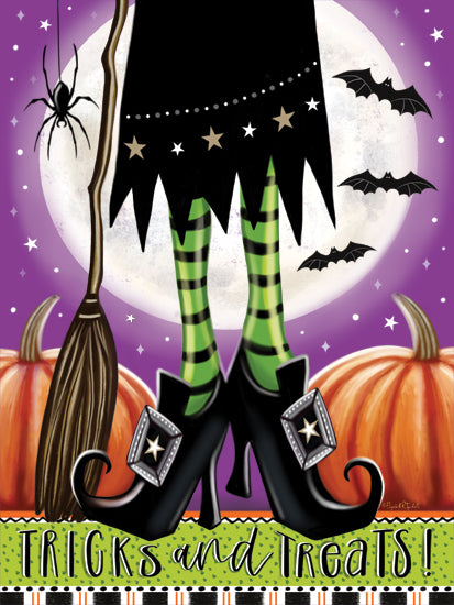 Elizabeth Tyndall ET449 - ET449 - Tricks and Treats Witch I - 12x16 Halloween, witch legs, striped stockings, broomstick, pumpkins, bats, spider, full moon, festive, spooky night from Penny Lane