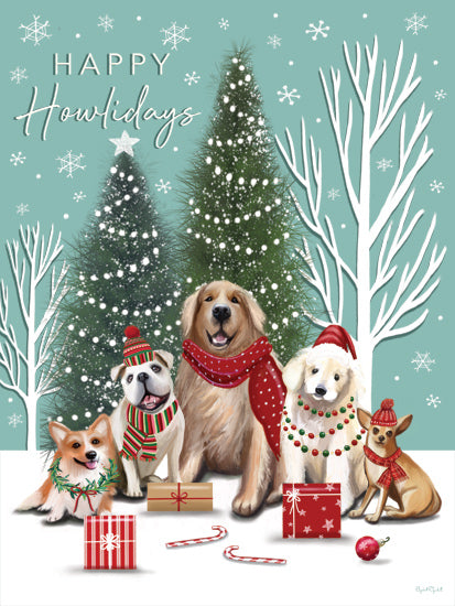 Elizabeth Tyndall ET516 - ET516 - Christmas Dogs - 12x16 Happy Howlidays text, Christmas dogs, festive pets illustration, candy canes, snowflakes, Christmas trees, mint green background, humorous holiday greeting from Penny Lane