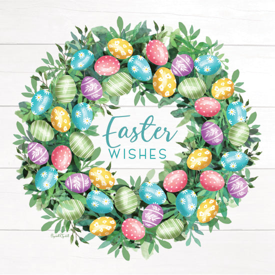 Elizabeth Tyndall ET573 - ET573 - Easter Wishes Wreath - 12x12 easter wreath, colorful eggs, spring celebration, pastel palette, green foliage, hand painted easter art, religious holiday, seasonal decor from Penny Lane