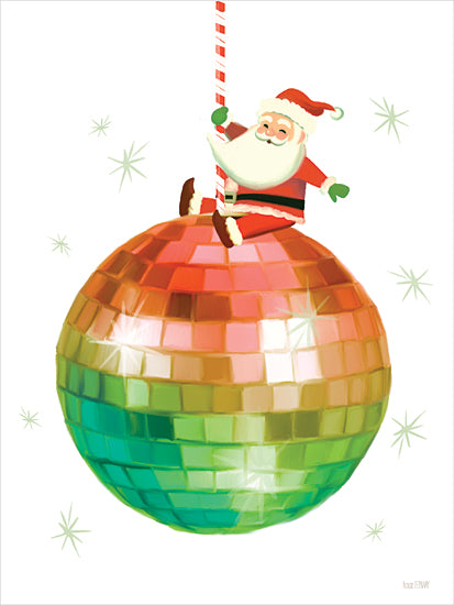 House Fenway FEN1274 - FEN1274 - Red Santa's Ball Drop - 12x16 santa swinging on disco ball, Christmas party fun, red and green, playful holiday art, glitter effect, candy cane rope from Penny Lane