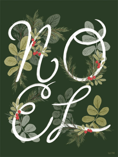 House Fenway FEN1289 - FEN1289 - Noel   - 12x16 Noel, holiday lettering, greenery, pine leaves, red berries, holly, elegant script, festive text, dark green background, Christmas typography from Penny Lane