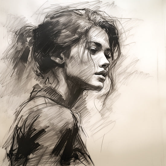 Heidi Kuntz HK246 - HK246 - Ponder   - 12x12 side portrait sketch, woman with loose hair, soft gaze, pencil drawing, emotional tone, detailed shading, minimalistic backdrop from Penny Lane