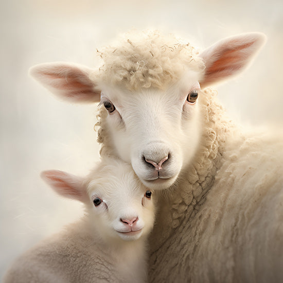 Heidi Kuntz HK335 - HK335 - A Mother's Love    - 12x12 ewe and lamb, close-up sheep, tender moment, farm animals, soft wool, maternal bond, domestic livestock, warm lighting from Penny Lane