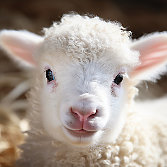 Heidi Kuntz HK336 - HK336 - Cuddly Lamb   - 12x12 cute baby lamb, close-up portrait, curly white wool, innocent expression, farm setting, warm lighting, soft focus from Penny Lane