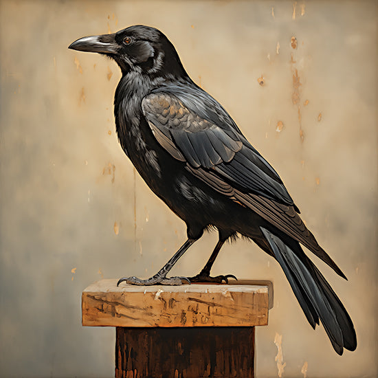 Heidi Kuntz HK341 - HK341 - Crow Poist   - 12x12 black crow on wood, side profile, textured background, detailed feathers, rustic atmosphere, mysterious bird, dark tones from Penny Lane