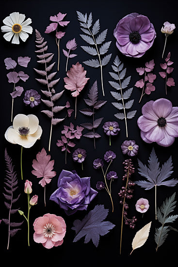 Heidi Kuntz HK354 - HK354 - Amethyst Night Pressed Flowers I   - 12x18 pressed flowers and leaves, botanical illustration, purple and pink tones, floral collage, dark background, decorative nature art from Penny Lane