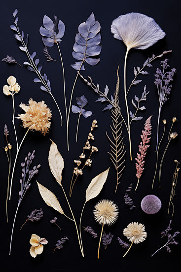 Heidi Kuntz HK355 - HK355 - Amethyst Night Pressed Flowers II   - 12x18 dried flowers, botanical arrangement, vintage style, neutral and lavender tones, herbarium style, dark background, flat lay from Penny Lane