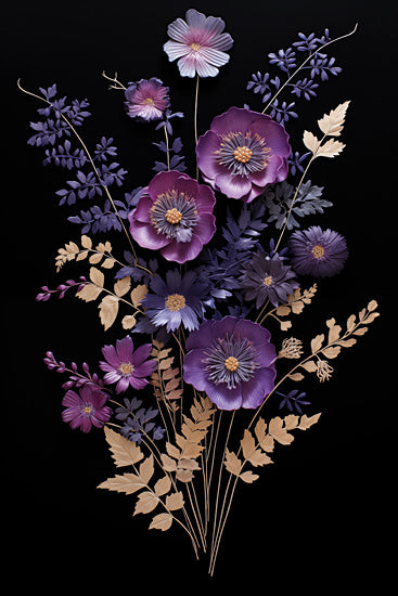 Heidi Kuntz HK357 - HK357 - Amethyst Night Bouquet  - 12x18 bouquet of dried flowers, pressed flower art, elegant design, purple and gold color scheme, floral artistry, black backdrop, romantic style from Penny Lane