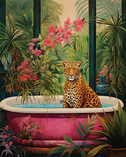 Heidi Kuntz HK359 - HK359 - Cheetah Tropical Retreat   - 12x16 leopard, exotic plants, bathtub, jungle interior, vivid pink tub, orchid flowers, luxurious foliage, stylized art, alert expression, natural lighting from Penny Lane