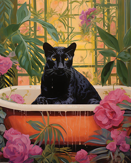 Heidi Kuntz HK360 - HK360 - Panther Tropical Retreat   - 12x16 black panther, bathtub, jungle room, pink roses, yellow and green backdrop, dripping water, exotic ambiance, fierce gaze, bold color contrast from Penny Lane