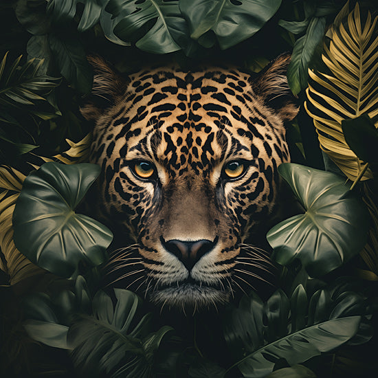 Heidi Kuntz HK361 - HK361 - Jaguar in the Jungle   - 12x12 leopard face, tropical leaves, dark jungle, close-up portrait, intense eyes, dramatic lighting, lush foliage, wildlife focus from Penny Lane