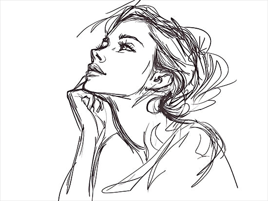 Heidi Kuntz HK383 - HK383 - Daydreaming   - 16x12 female sketch, thoughtful expression, hand on chin, expressive line art, portrait illustration, black and white drawing, minimalist art, emotion in lines from Penny Lane