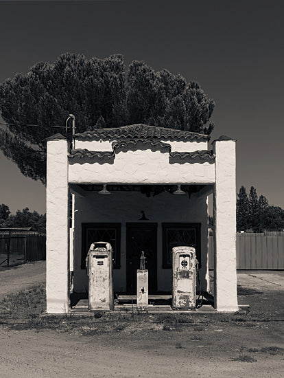JG Studios JGS573 - JGS573 - Service Station of Yesteryear - 12x16 abandoned gas station, retro architecture, old fuel pumps, ghost town vibe, black and white rural scene, desert outpost, Americana icon from Penny Lane