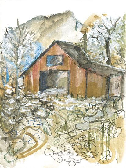 Jessica Mingo JM614 - JM614 - Sense of Solitude - 12x16 red barn, expressive landscape, artistic farm scene, textured brush strokes, countryside charm, abstract farmhouse from Penny Lane