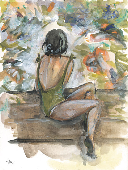 Jessica Mingo JM615 - JM615 - Peaceful Moments - 12x16 woman in swimsuit, seated pose, abstract foliage, expressive painting, vibrant brushwork, female figure outdoors, contemplative moment from Penny Lane