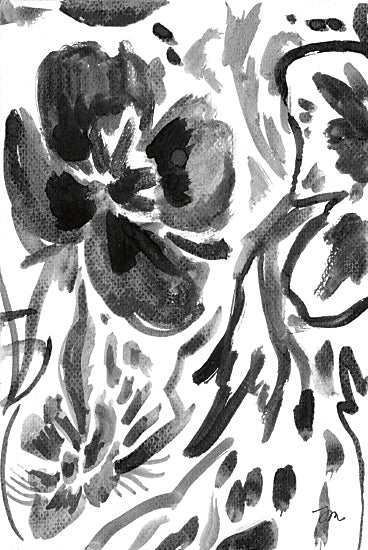 Jessica Mingo JM626 - JM626 - Shadow Blooms II - 12x18 black and white floral illustration, ink flower sketch, monochrome botanical art, expressive floral pattern, decorative petals, artistic brush marks, detailed flower drawing from Penny Lane