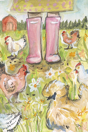 Jessica Mingo JM631 - JM631 - Chicken Mama - 12x18 farm life illustration, pink boots, chickens in a garden, whimsical farmyard scene, watercolor country art, colorful animals, spring flowers, charming rustic theme from Penny Lane