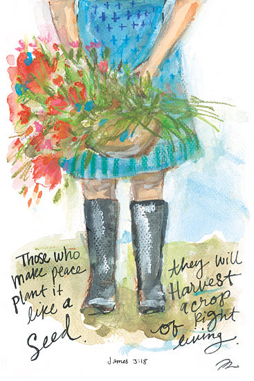 Jessica Mingo JM636 - JM636 - Plant It Like a Seed - 12x18 scripture illustration, watercolor girl holding flowers, inspirational verse, James 3:18, peace and righteousness, colorful hand lettering, faith-based artwork from Penny Lane