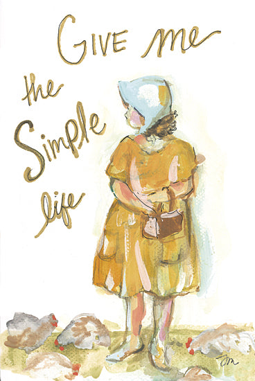 Jessica Mingo JM643 - JM643 - The Simple Life - 12x18 vintage girl illustration, watercolor bonnet girl, chickens in background, give me the simple life, inspirational typography, country life from Penny Lane