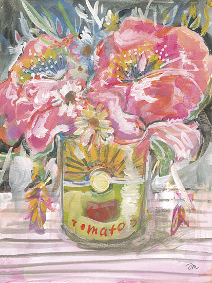 Jessica Mingo JM646 - JM646 - Recycled Radiance - 12x16 jar of flowers artwork, tomato can vase, watercolor floral still life, bright pink blossoms, farmhouse decor, artistic bouquet from Penny Lane