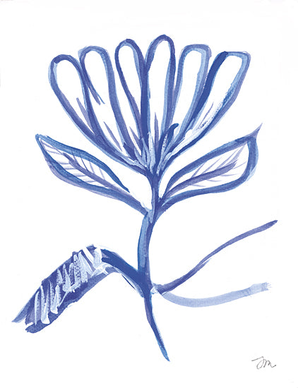 Jessica Mingo JM649 - JM649 - Blue & White Single Flower - 12x18 single abstract flower, blue ink drawing, minimal floral art, botanical sketch, modern minimalism, contemporary flower painting from Penny Lane
