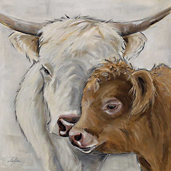 Lee Keller LK170 - LK170 - Highland Cow and Calf - 12x12 cow and calf painting, animal affection, close-up livestock art, mother and baby cow, rustic style, farm animal bond, painterly brush strokes, white and brown cattle from Penny Lane
